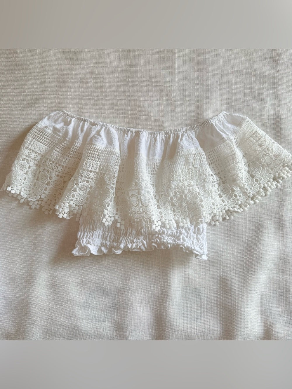 White Crochet Lace Off Shoulder Smocked Crop Top XS/S